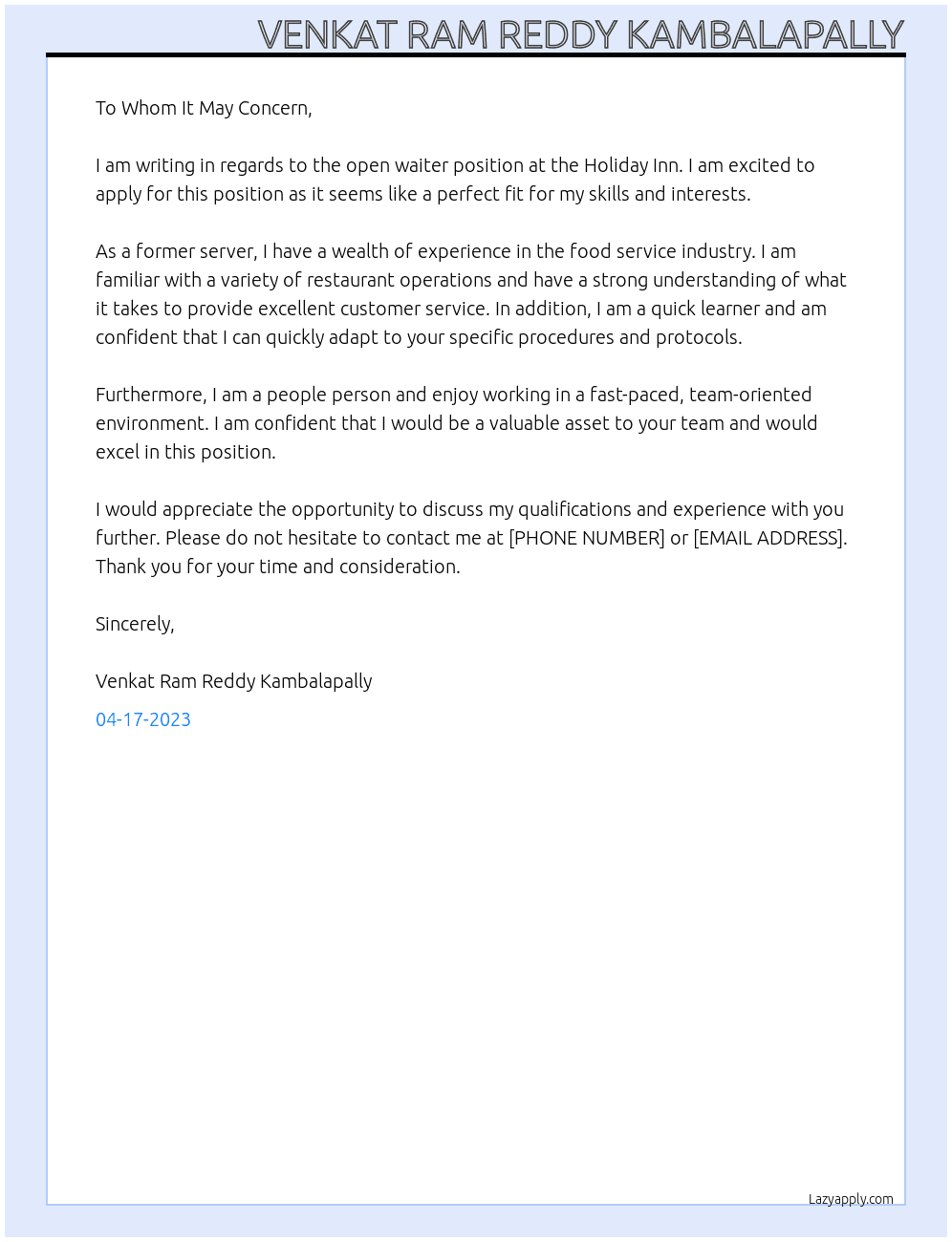 waiter At holiday inn Cover Letter