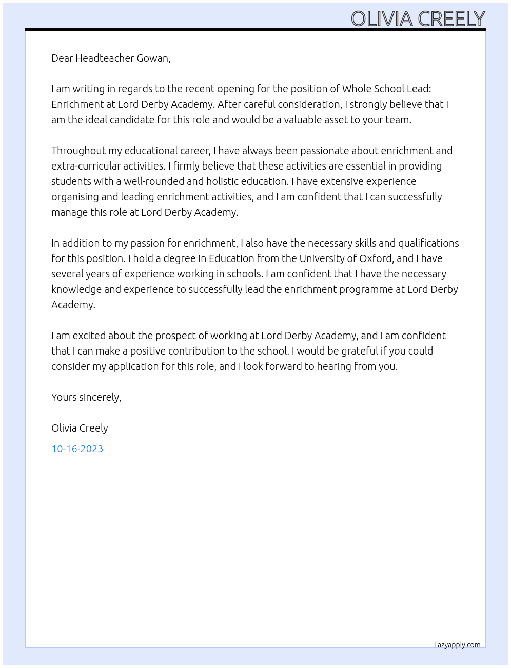 Whole School Lead: Enrichment At Lord Derby Academy Cover Letter