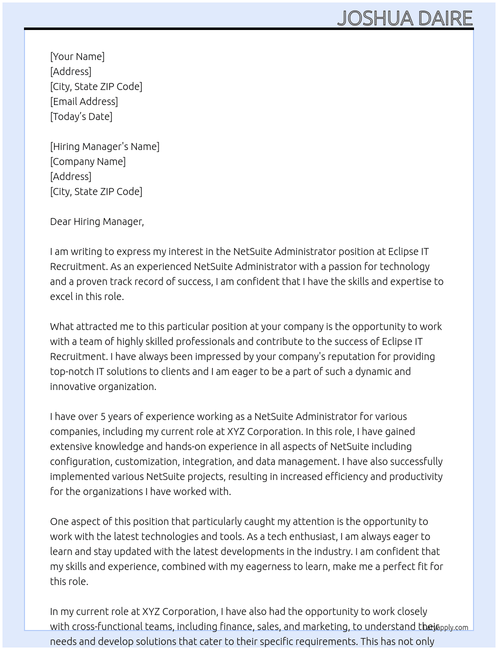 NetSuite Administrator At Eclipse IT Recruitment Cover Letter