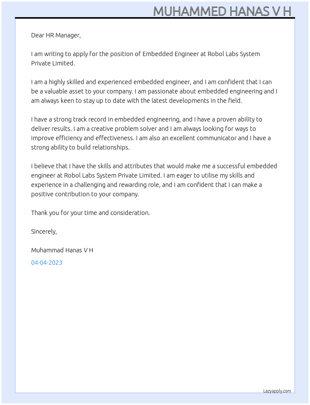 Embedded Engineer At  Robol Labs System Private Limited Cover Letter