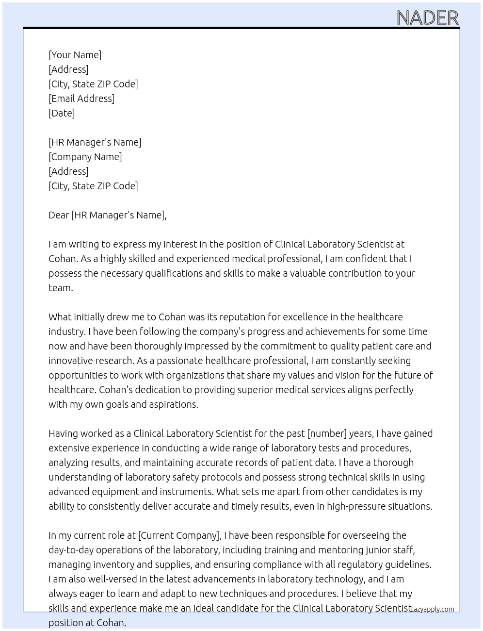 clinical laboratory scientist At Cohan Cover Letter