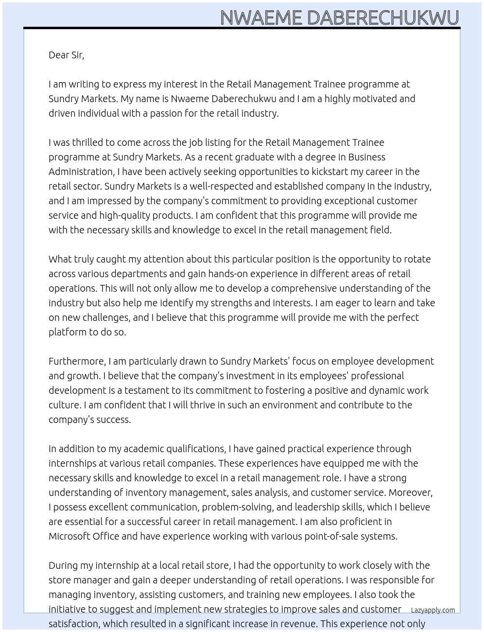 Retail Management Trainee programme At sundry markets Cover Letter