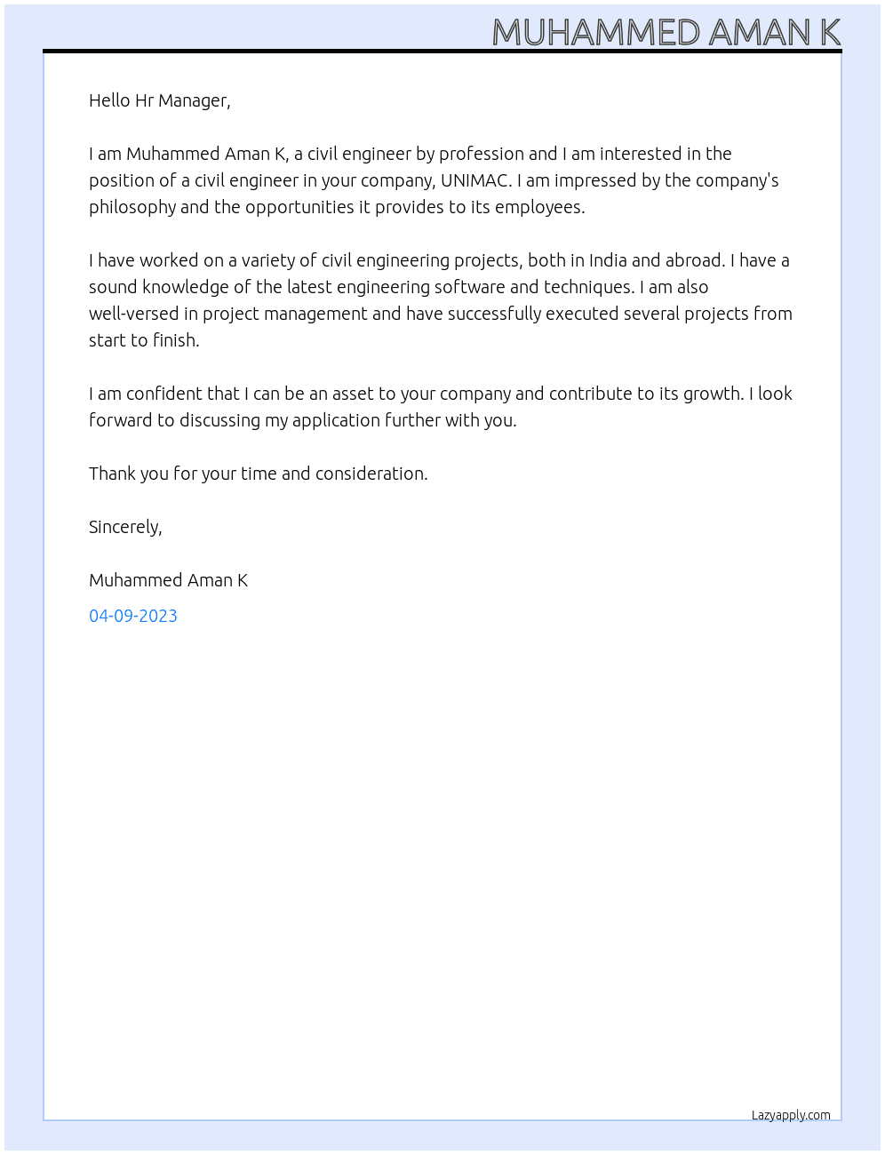 Civil Engineer At UNIMAC Cover Letter