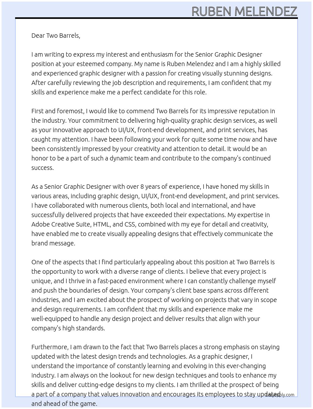 Senior Graphic Designer At Two Barrels Cover Letter