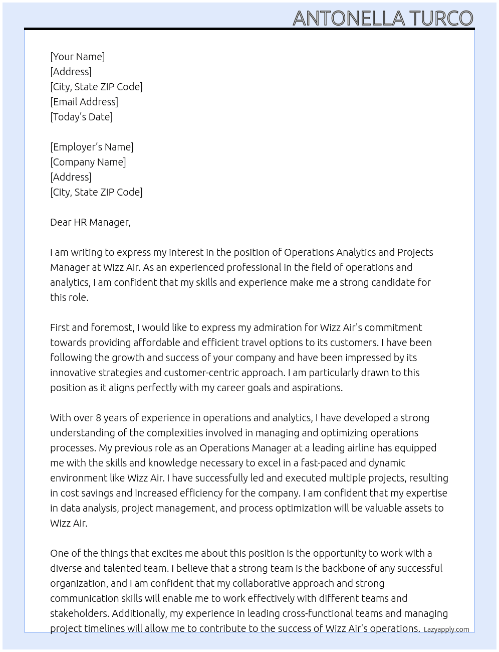 Operations Analytics and Projects Manager At Wizz Air Cover Letter