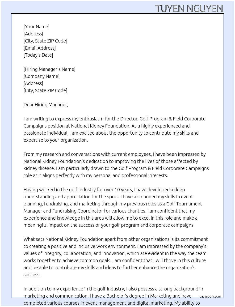 Director, Golf Program & Field Corporate Campaigns At National Kidney Foundation Cover Letter