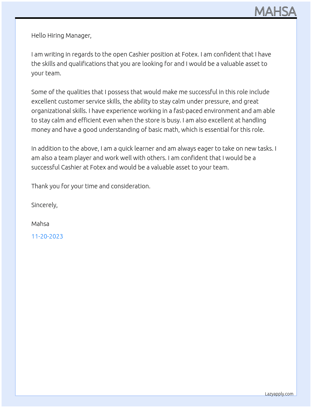 Cashier At Fotex Cover Letter