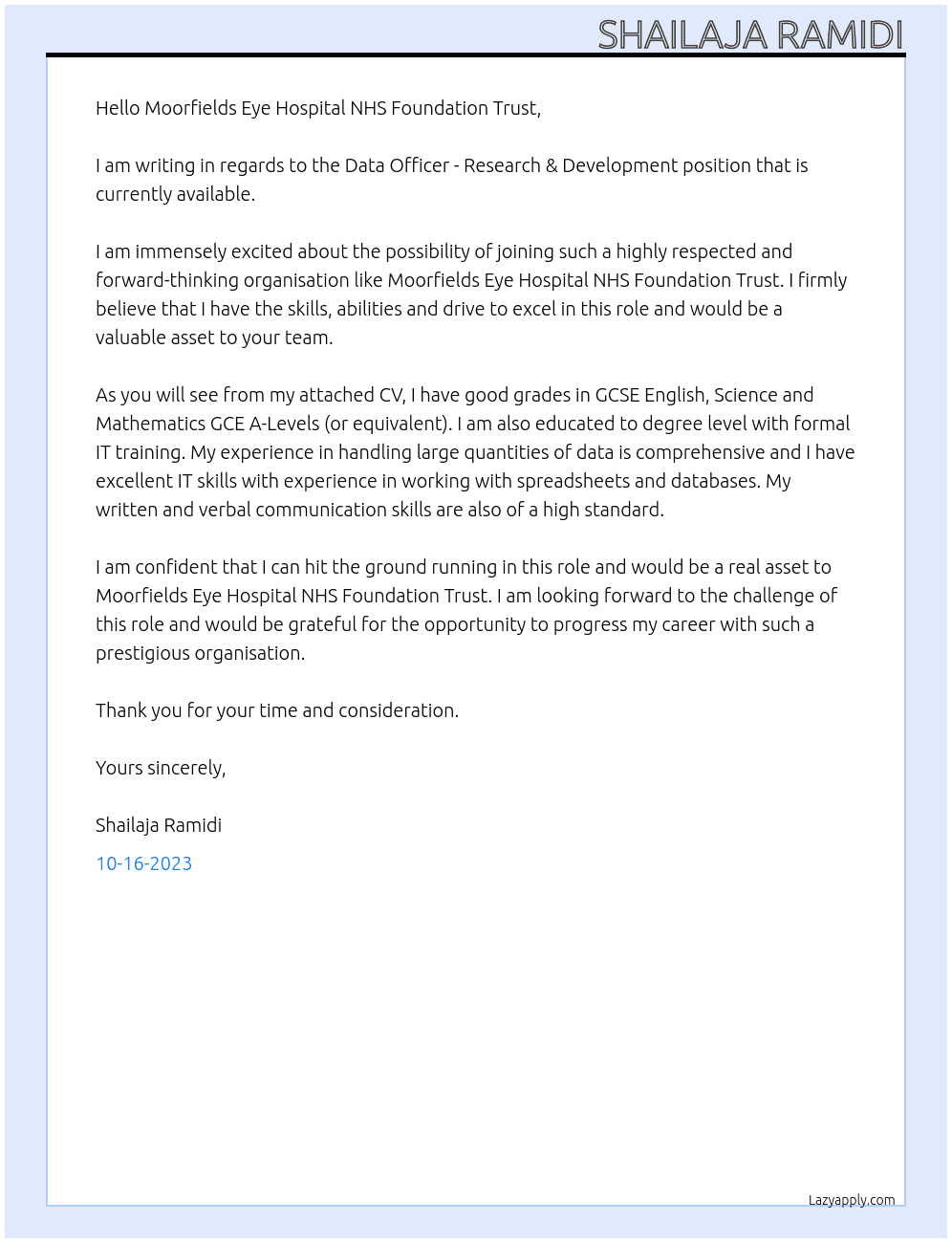 Data Officer - Research & Development At Moorfields Eye Hospital NHS Foundation Trust Cover Letter