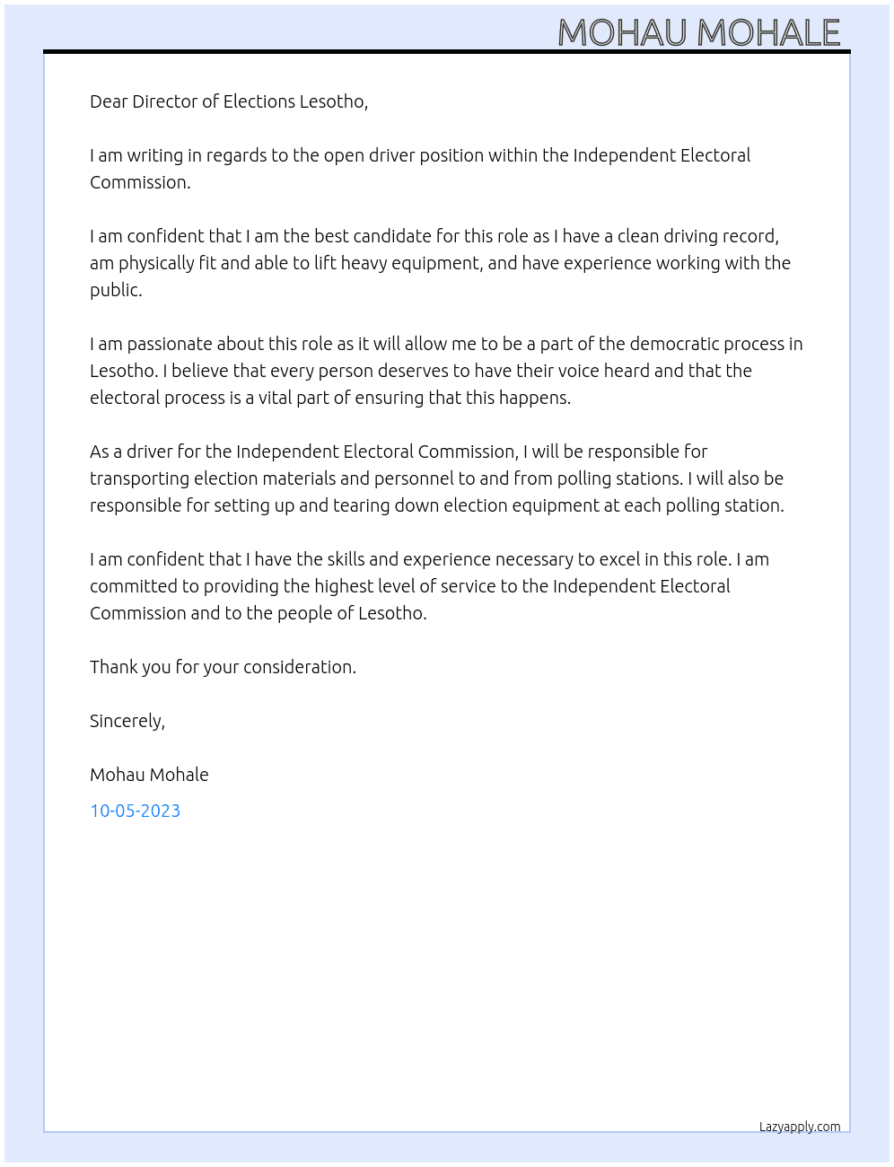 Driver  At Independent Electoral Commission  Cover Letter