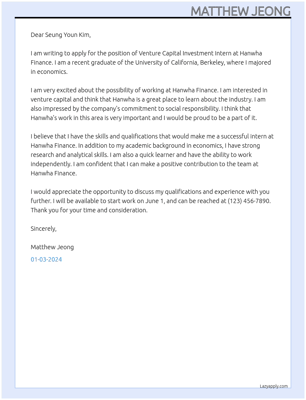 Venture Capital Investment Intern At Hanwha Finance Cover Letter
