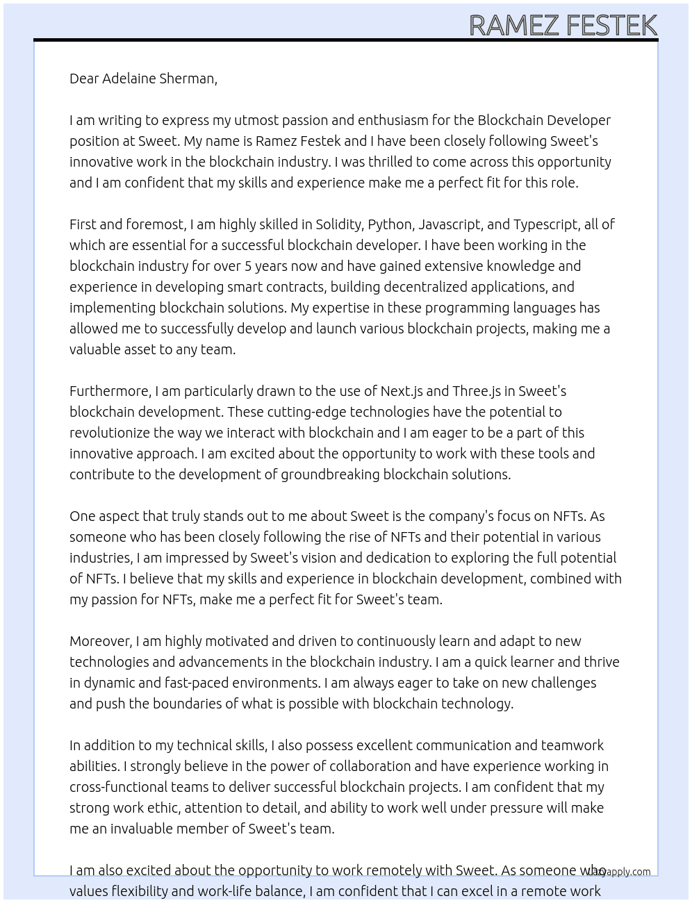 Blockchain Developer At Sweet Cover Letter