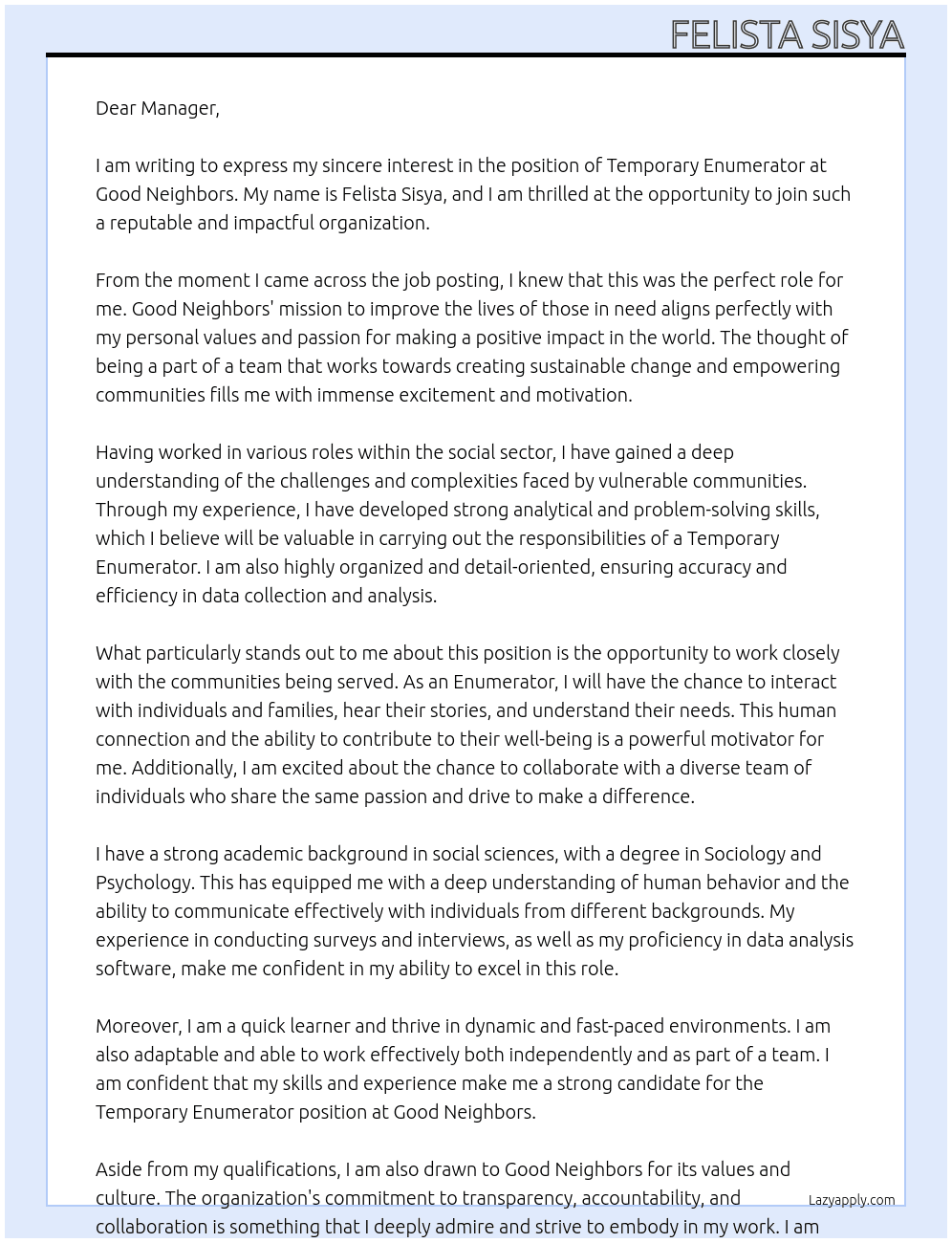 Temporary Enumerator At Good Neighbors Cover Letter