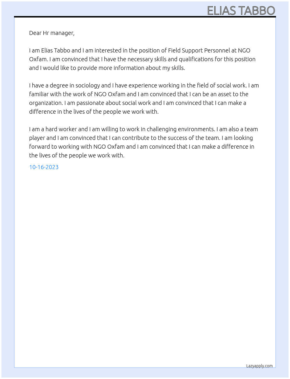 Field Support Personnel At NGO Oxfam Cover Letter