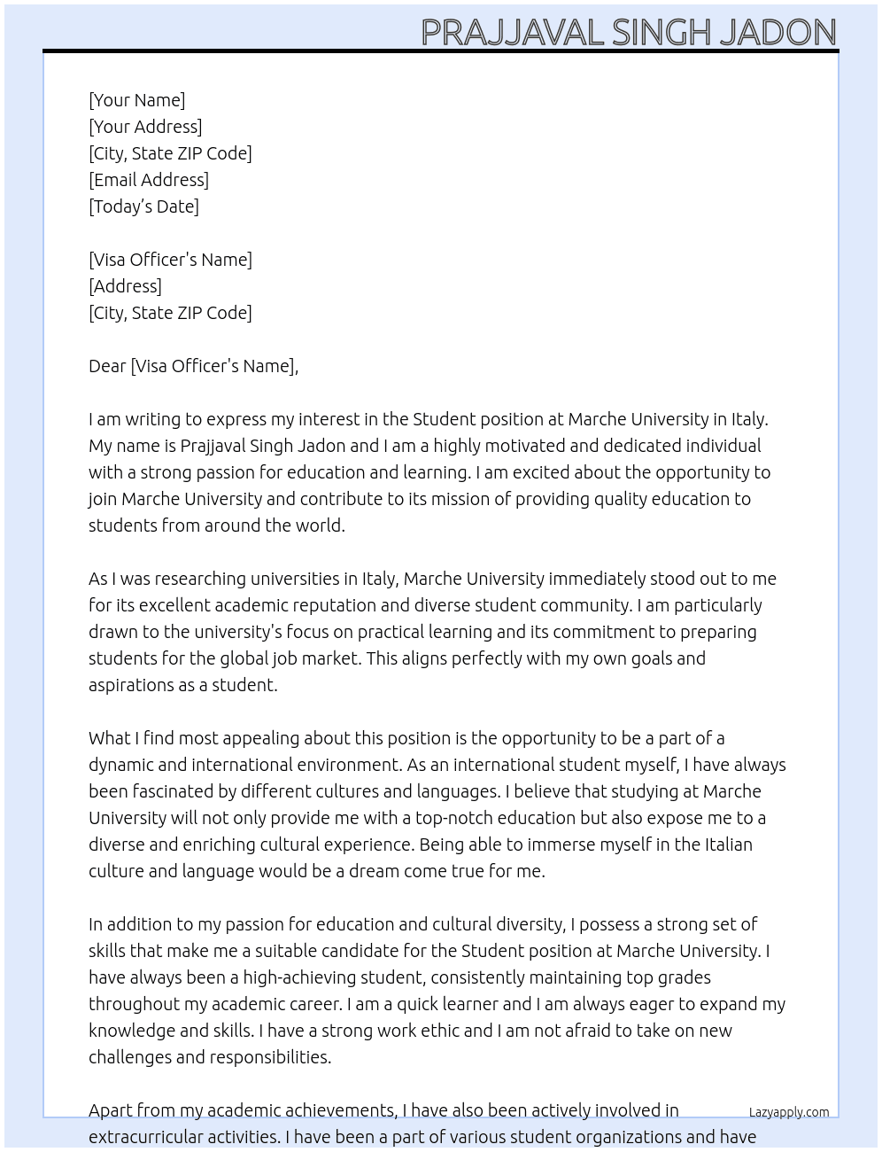 student  At Marche university  Cover Letter