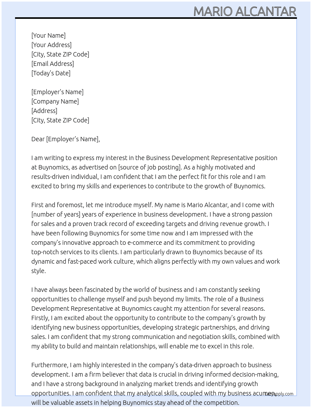 Business Development Representative At Buynomics Cover Letter