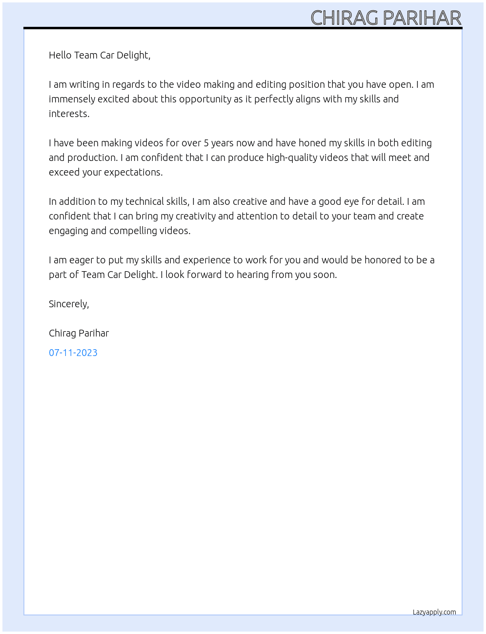 video making and editing  At Team Car Delight Cover Letter