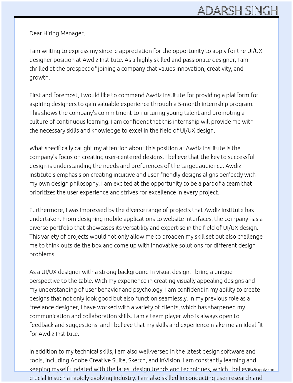 UI UX designer At Awdiz institute Cover Letter