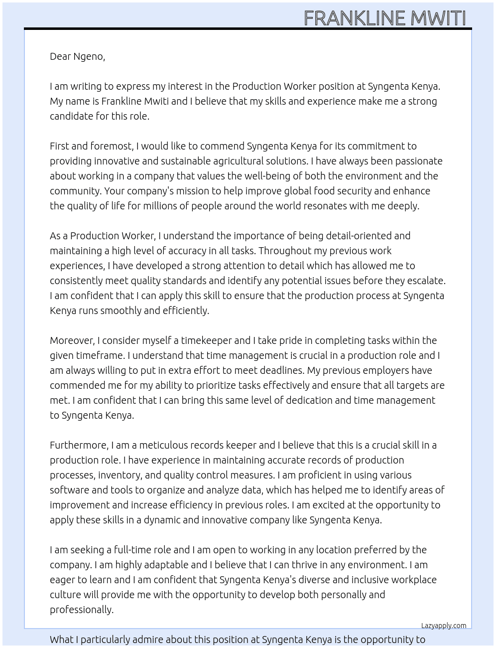 Production worker  At syngenta kenya Cover Letter