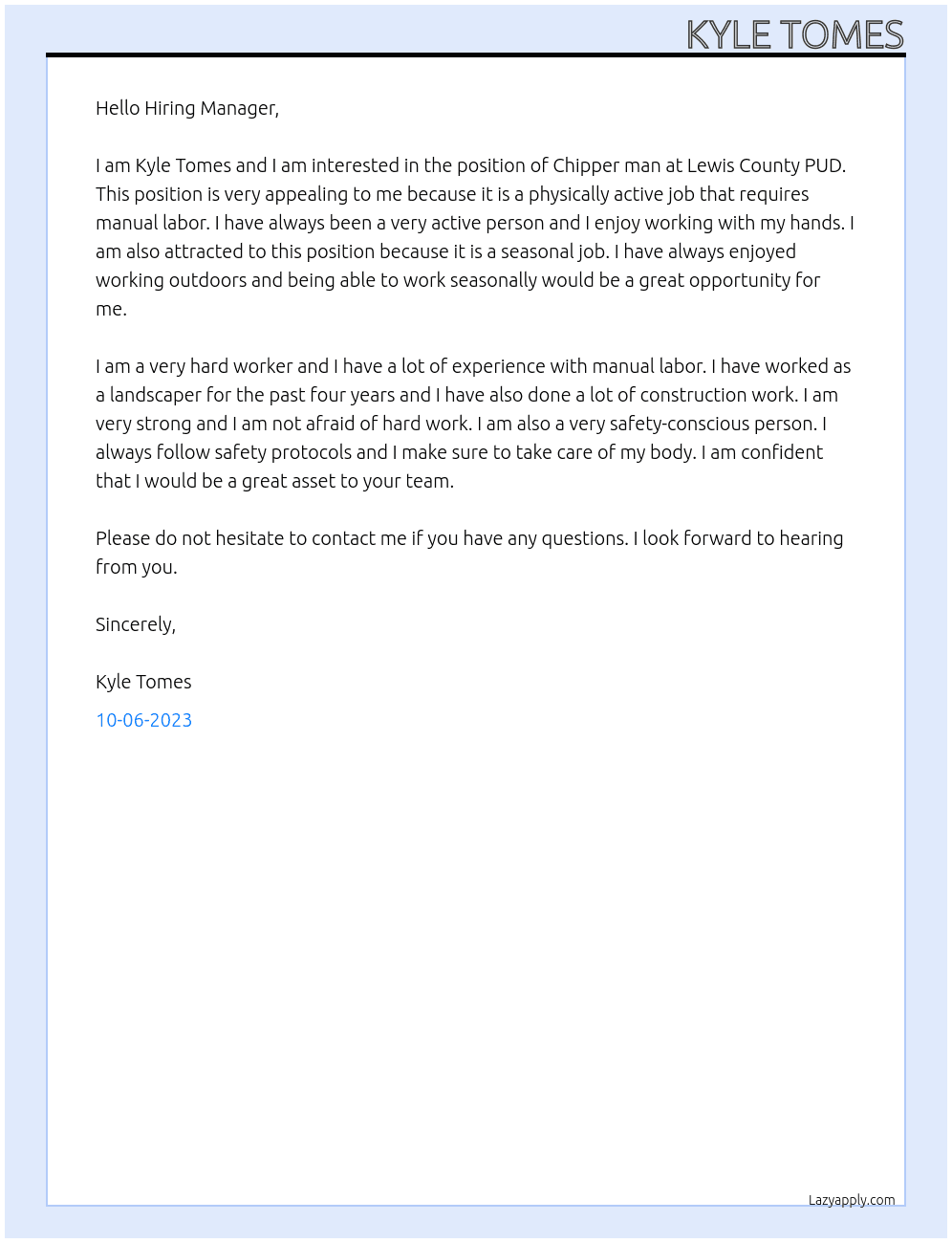 Chipper man At Lewis County PUD Cover Letter