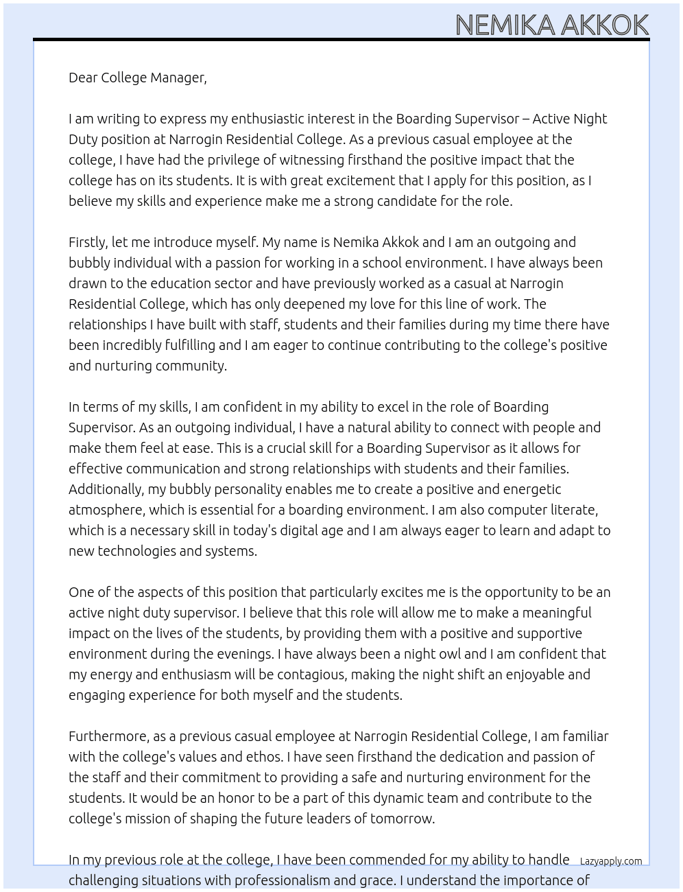 Boarding Supervisor -Active Night Duty DOE870767 At Narrogin Residential College Cover Letter