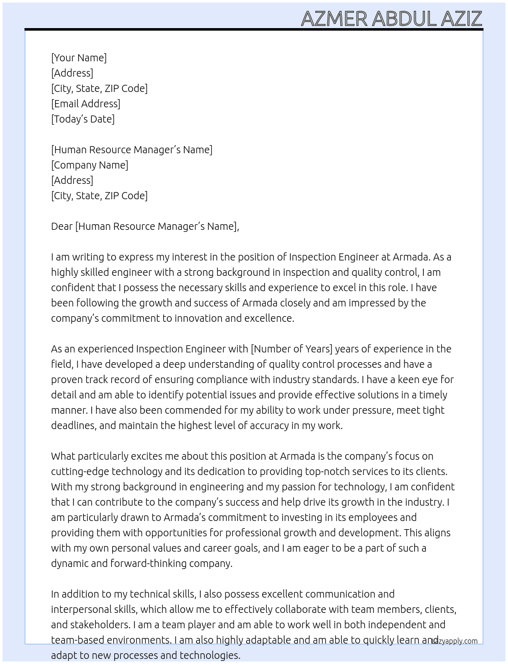 inspection engineer At armada Cover Letter