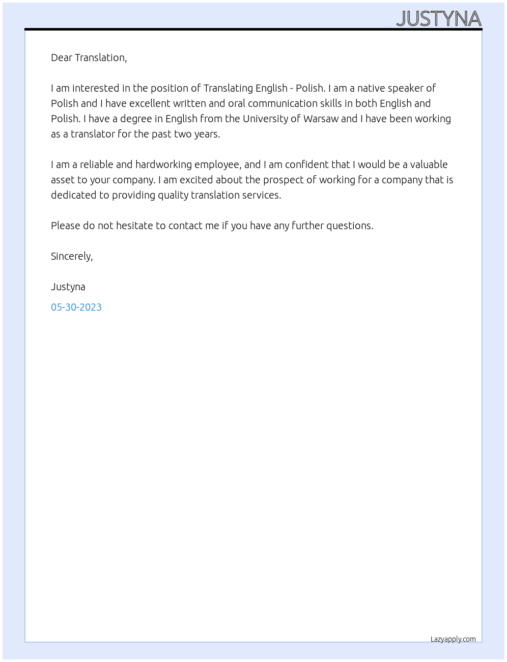 Traslating English - Polish At Translation  Cover Letter