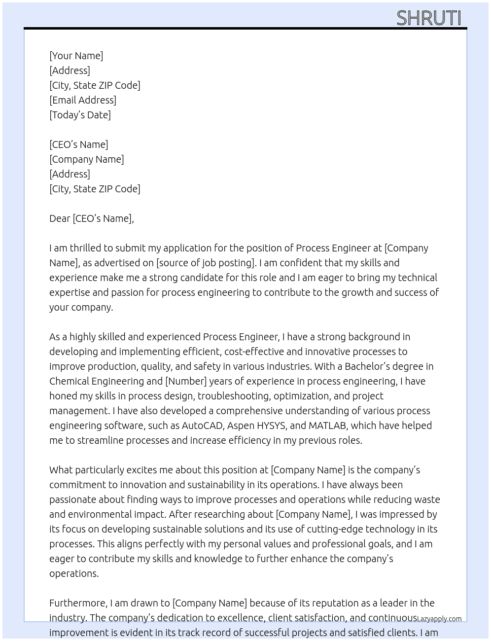 Process engineer  At Shruti  Cover Letter
