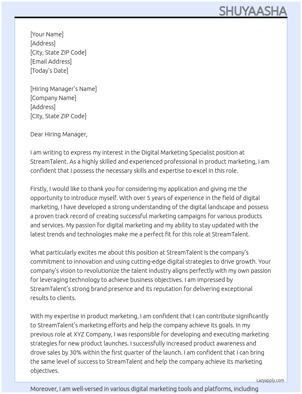 Digital Marketing Specialist At StreamTalent Cover Letter