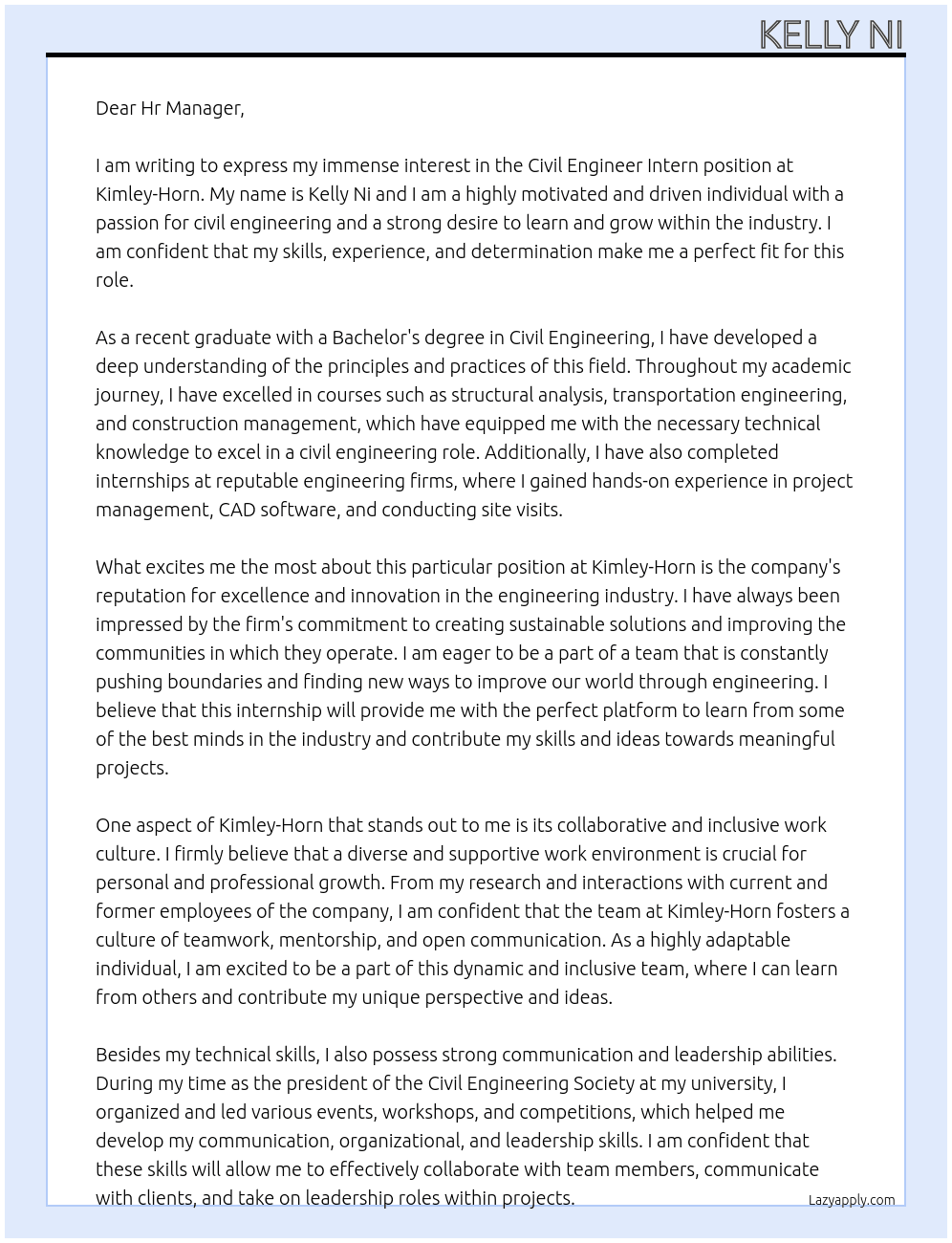 Civil Engineer Intern At Kimley-Horn Cover Letter