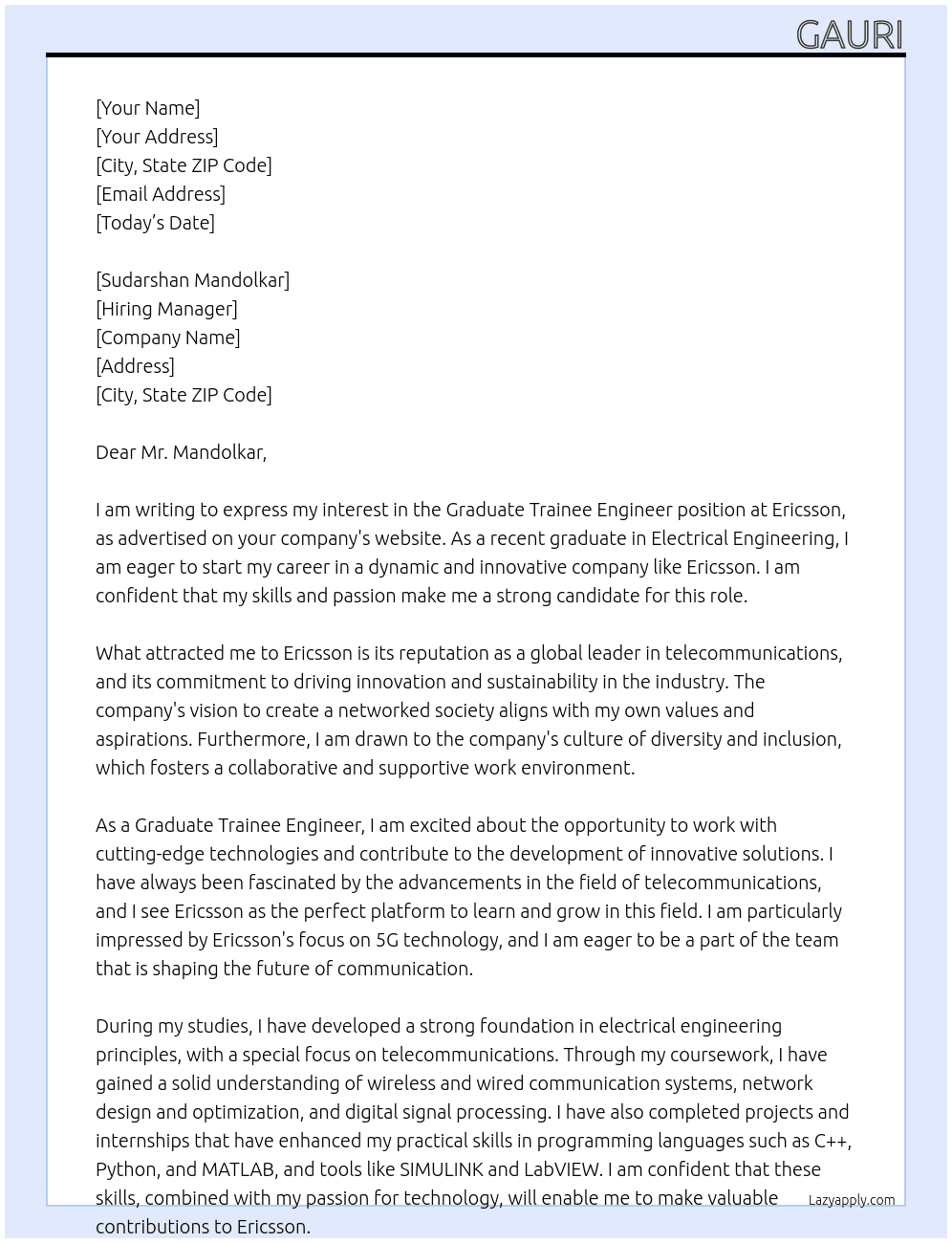 Gratuate Trainee Engineer At Ericssion Cover Letter