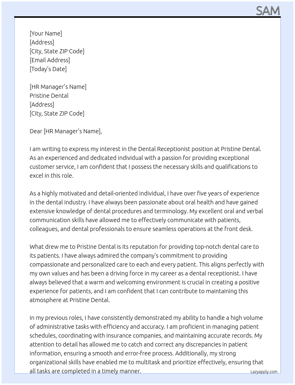 Dental receptionist  At Pristine Dental  Cover Letter