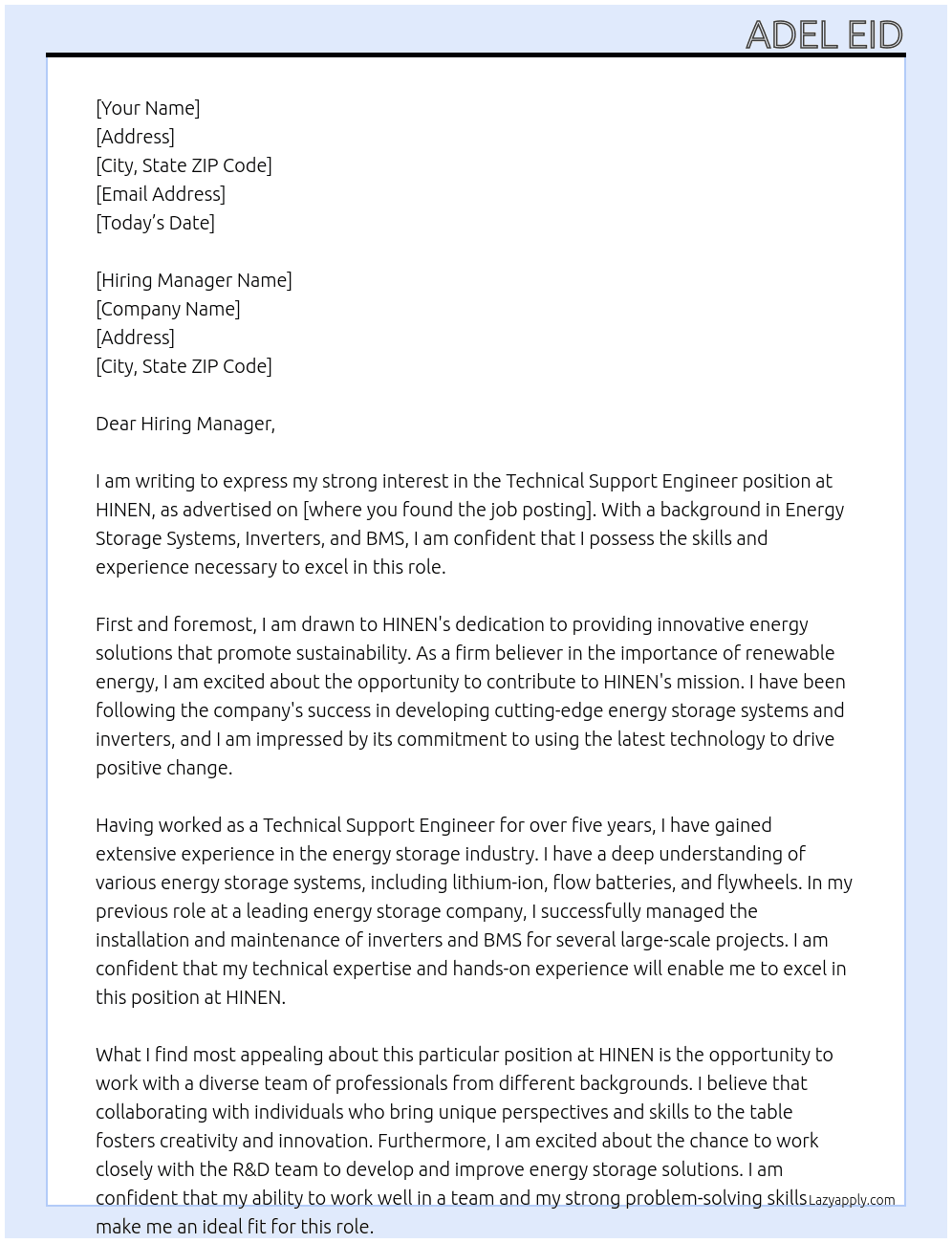 Technical Support Engineer (Energy Storage Systems, Inverters, BMS) At HINEN Cover Letter