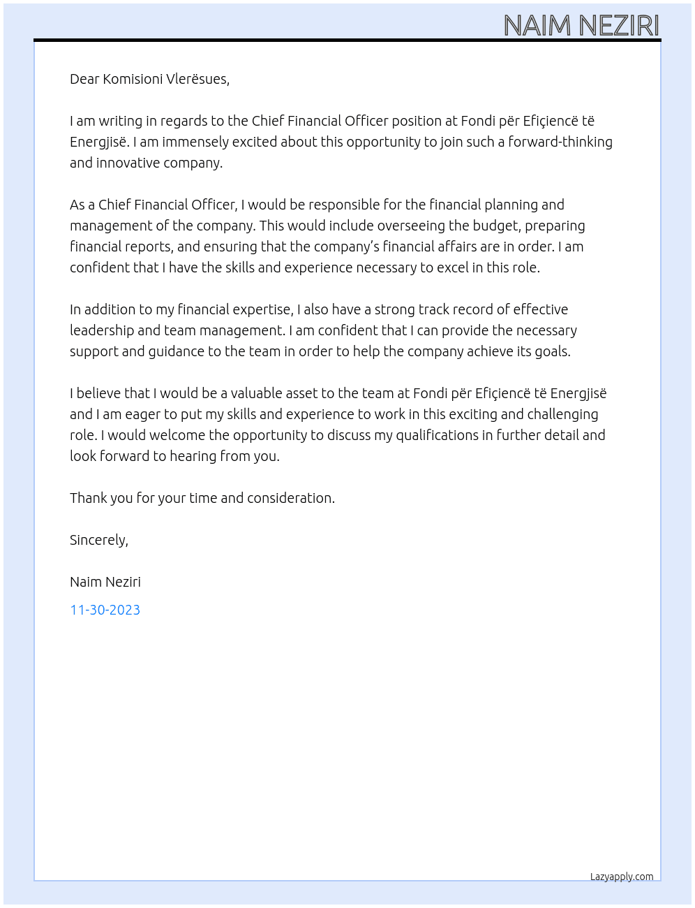 Chief Financial Officer At Fondi për Efiçiencë të Energjisë Cover Letter