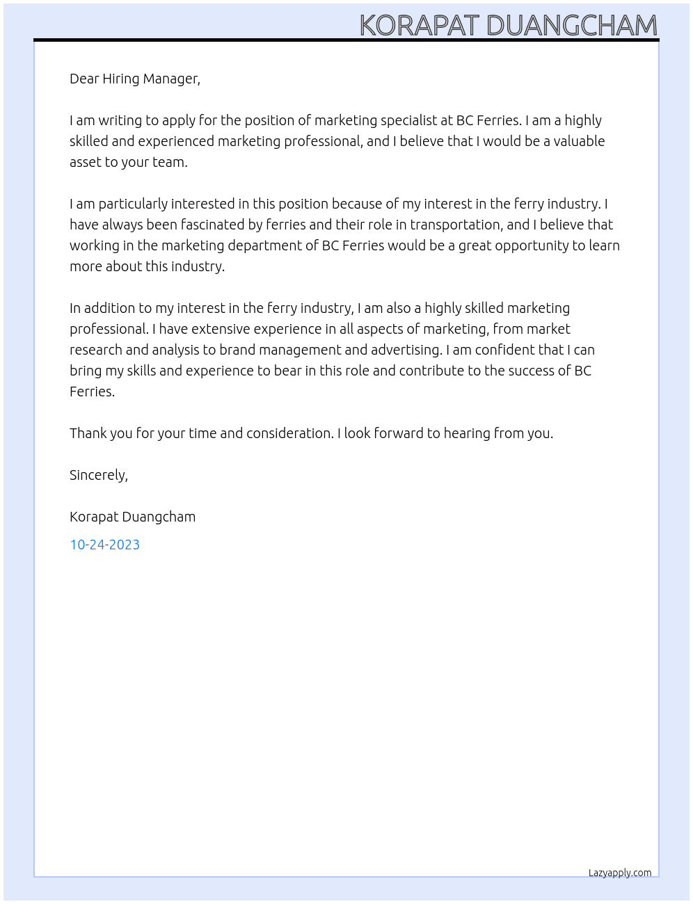 marketing specialist At BC Ferries Cover Letter