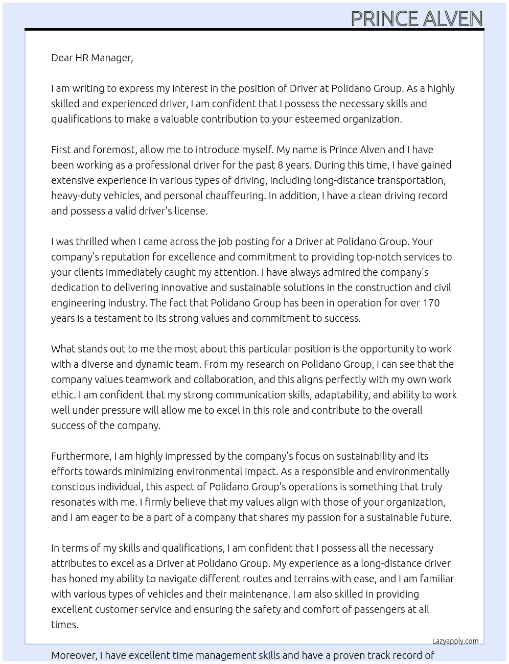 Driver At Polidano Group  Cover Letter