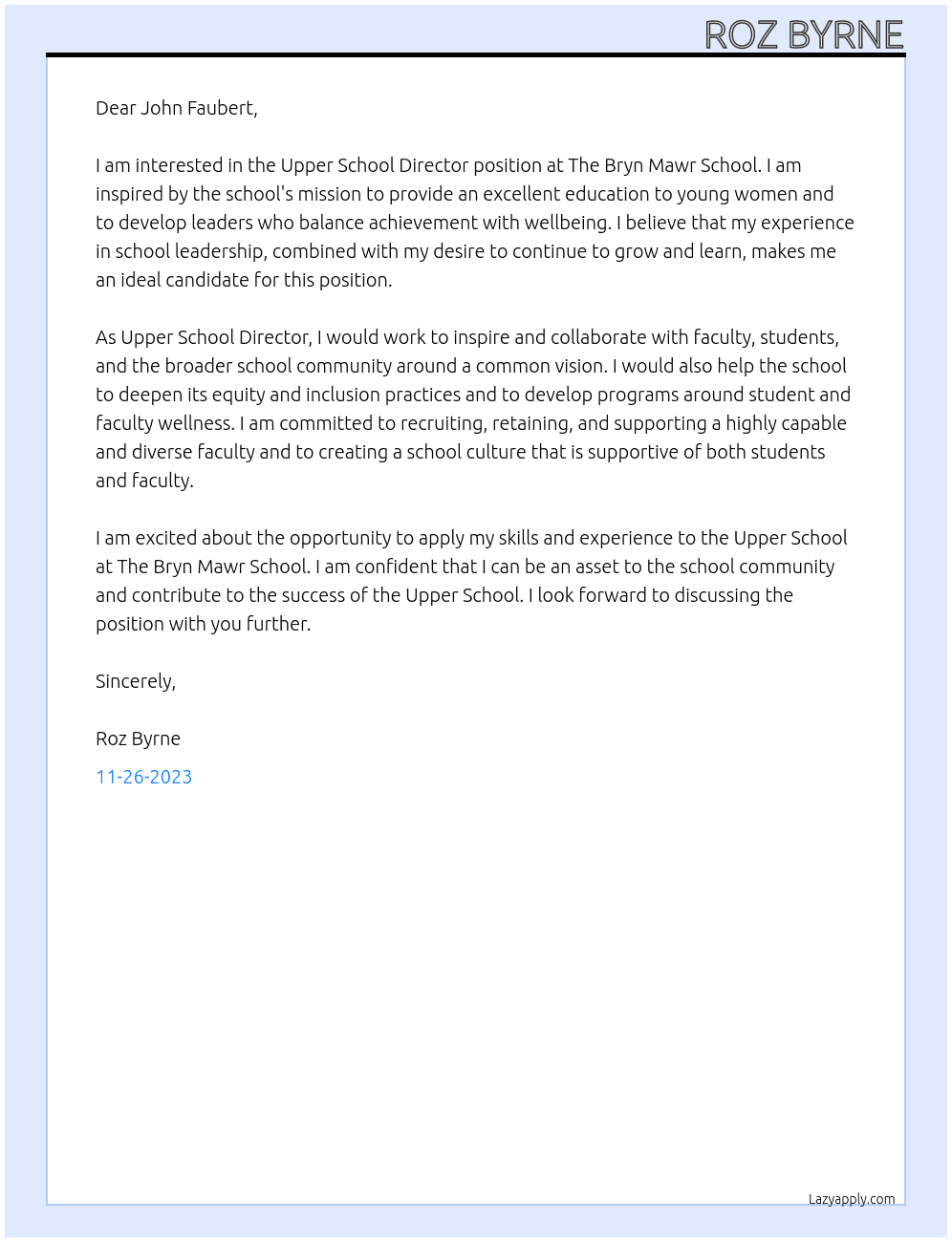 Upper School Director At The Bryn Mawr School Cover Letter