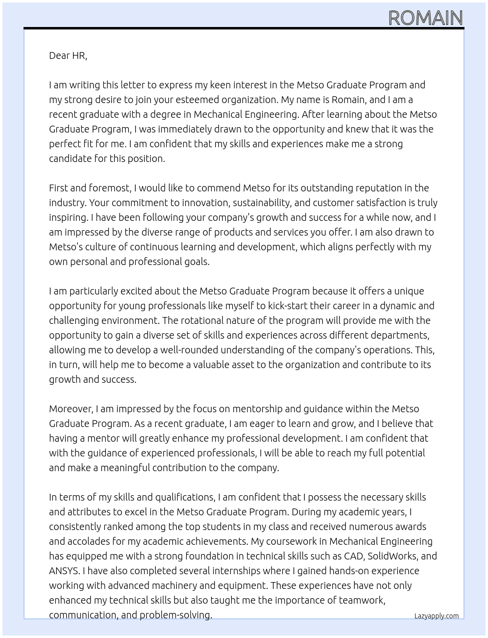 metso graduate program At Metso Cover Letter