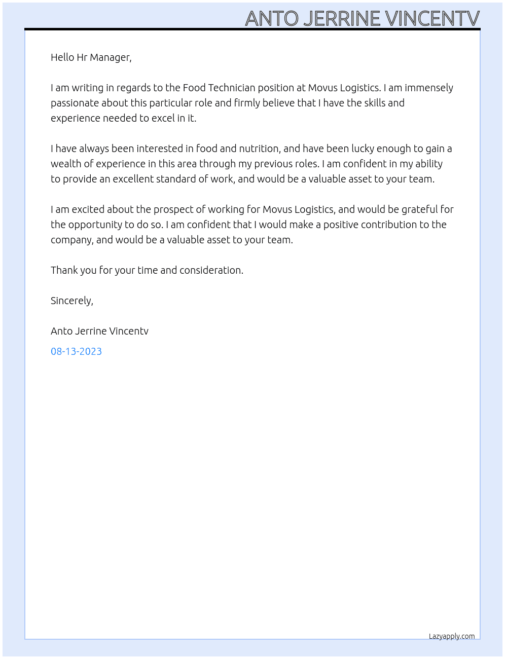 Food Technician At Movus Logistics Cover Letter