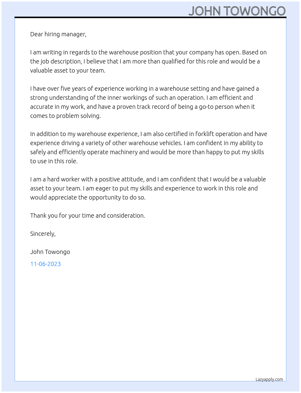 warehouse  At Tire change & warehouse work Cover Letter