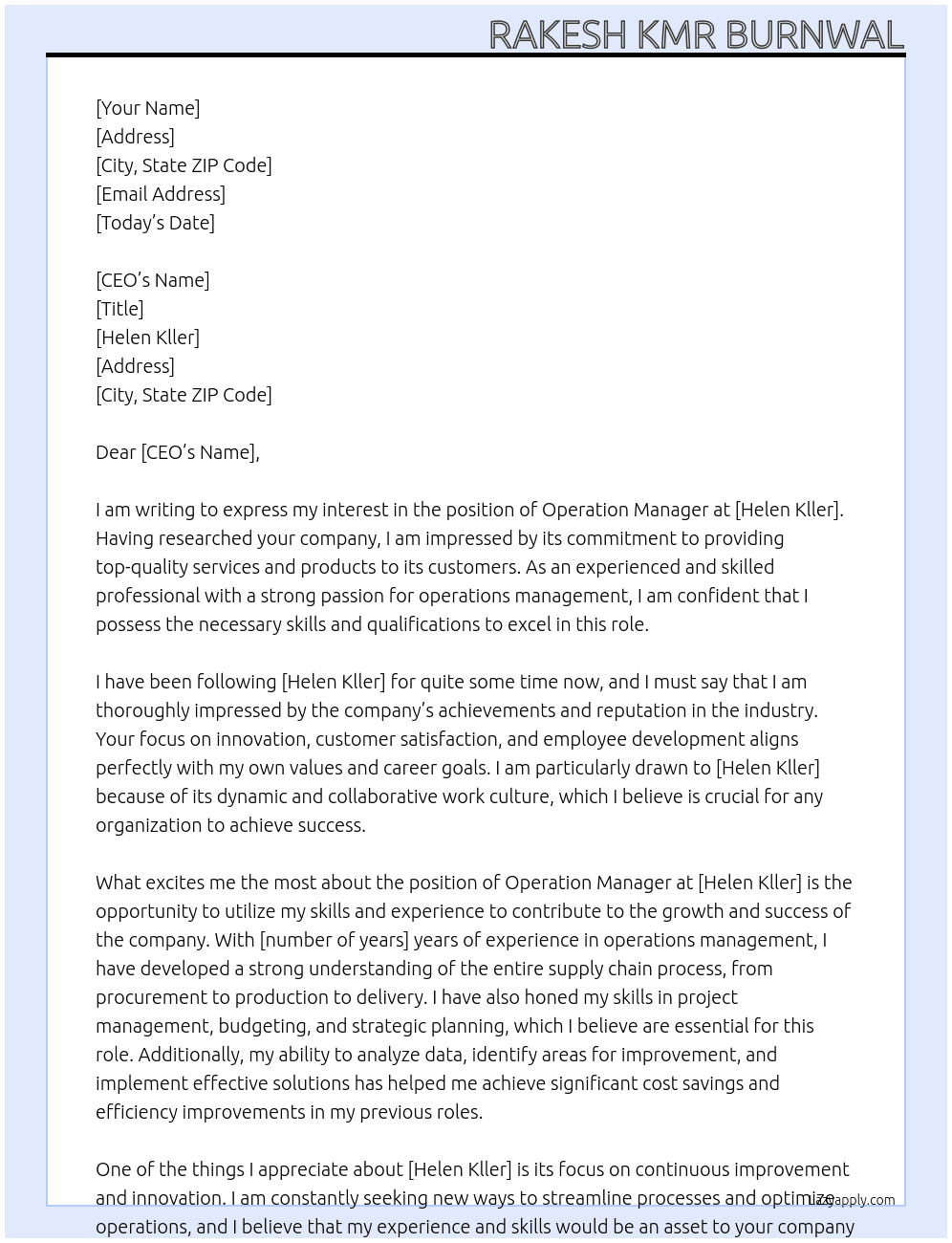 Operation Manager At Helen Kller  Cover Letter