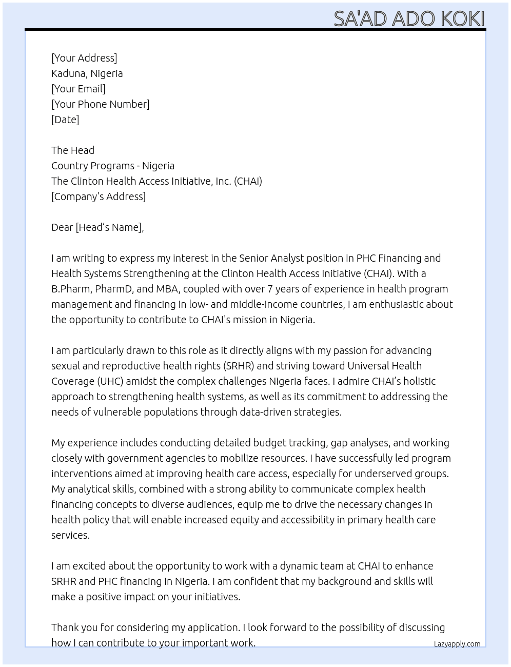 Cover letter for senior analyst phc financing, health systems strengthening - LazyApply