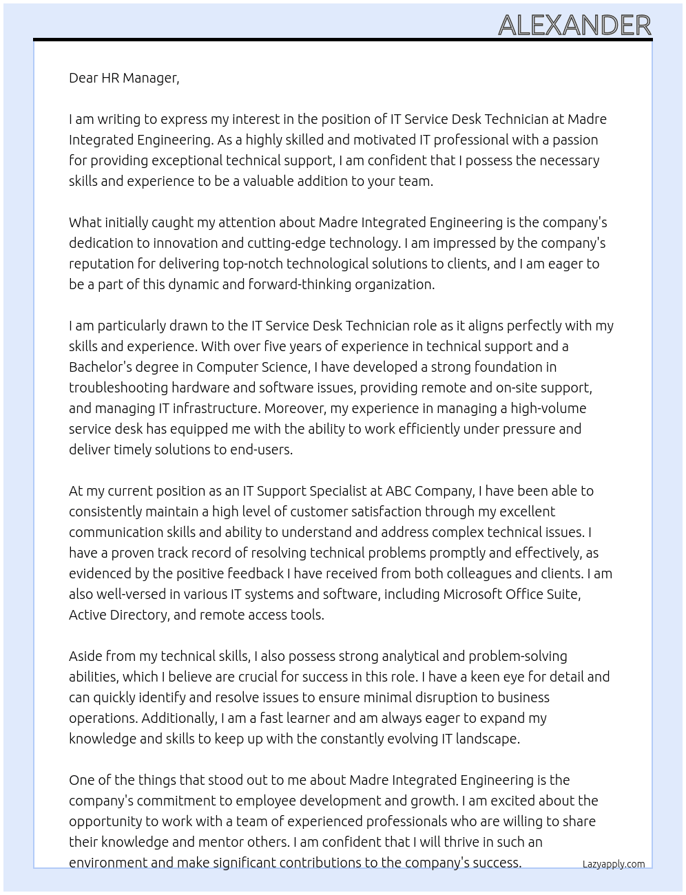 IT Service Desk Technician At Madre integrated Engineering Cover Letter