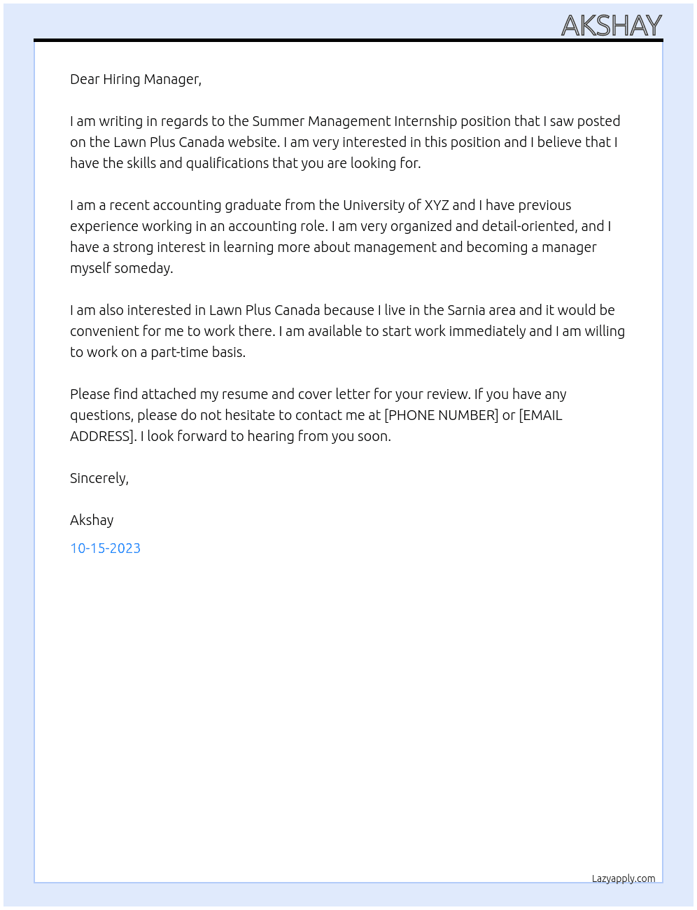 Summer management internship At Lawn plus Canada Cover Letter