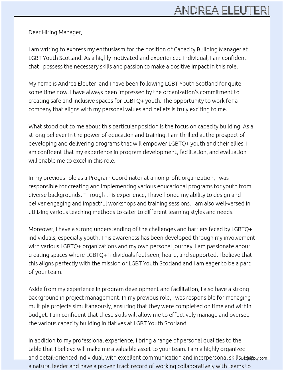 Capacity building manager At LGBT Youth Scotland Cover Letter