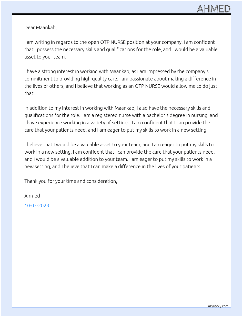 OTP NURSE At Maankab Cover Letter