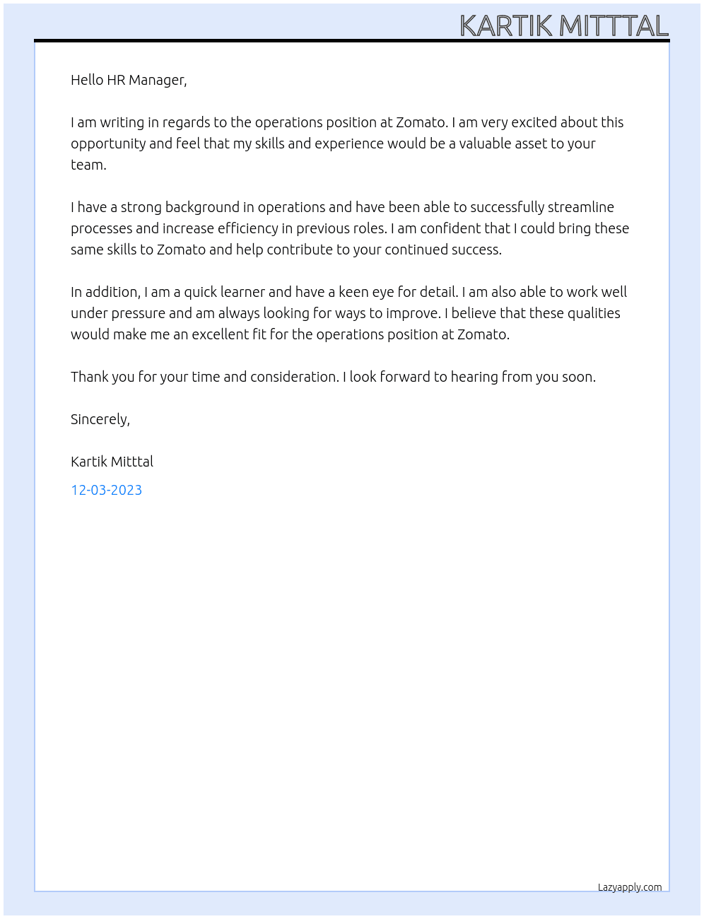 Operations At Zomato Cover Letter
