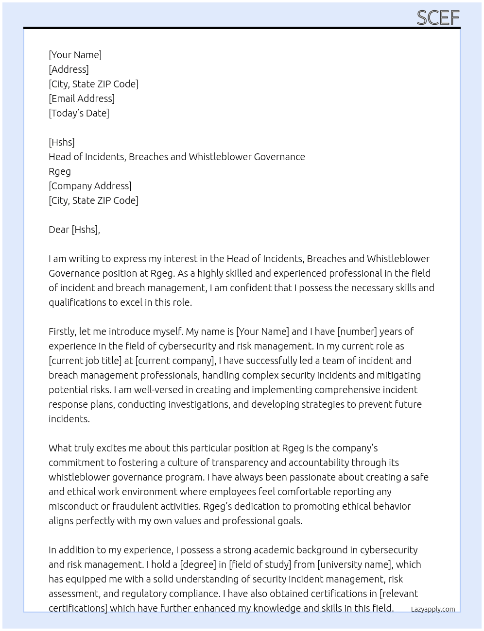 Head of incidents, breaches and whistleblower governance  At Rgeg Cover Letter