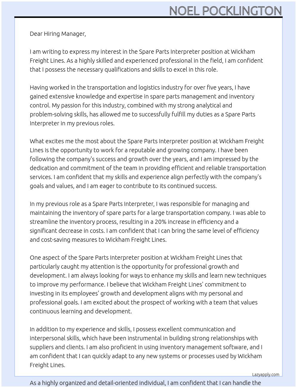 Spare Parts Interpreter At Wickham Freight Lines Cover Letter