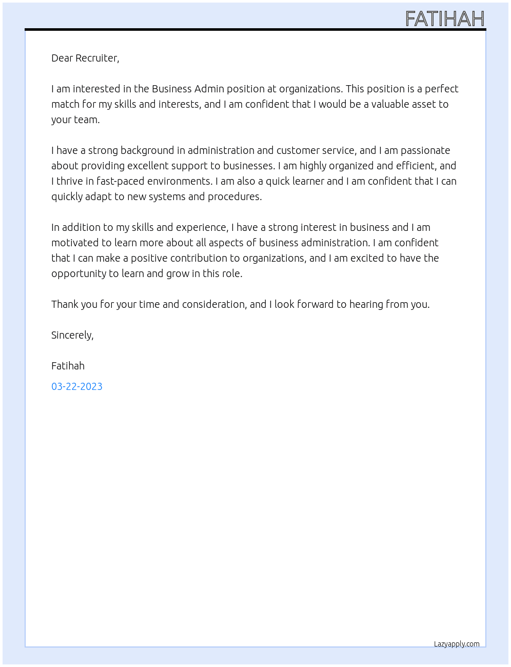 Business Admin At organizations Cover Letter