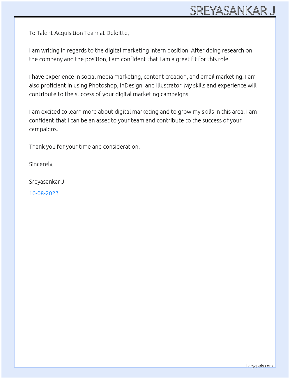 Digital marketing intern At Deloitte  Cover Letter